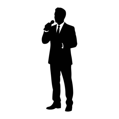 Ağzına mikrofon dayamış siyah bir adam silueti öne bakıyor. O, kravat ve giysi ayakkabılı bir takım elbise giyiyor. Siluet beyaz bir arkaplanda izole edilmiş..