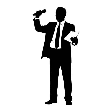 Takım elbiseli ve kravatlı bir adamın siyah silueti sağ elinde bir mikrofon ve sol elinde de bir yığın kağıt tutuyordu. Şekil beyaz bir arkaplanda izole edilmiştir..