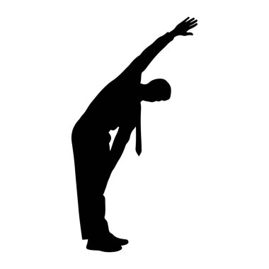 Takım elbiseli ve kravatlı bir adamın siyah silueti dinamik bir esneme pozuyla yakalanır. Vücudu belinden bükülmüş, bir kolu yukarı doğru uzanmış ve diğer eli de bükülmüş dizinde dinleniyor. Şekil, düz beyaz bir ba 'ya karşı izole edilmiştir.