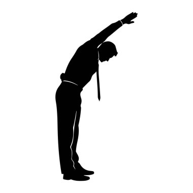 Takım elbiseli ve kravatlı bir adamın siyah silueti sağ kolu yukarı doğru uzanmış şekilde öne doğru eğilmektedir. Şekil beyaz bir arkaplanda izole edilmiştir..