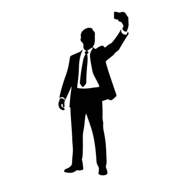 Takım elbiseli ve kravatlı bir adamın siyah silueti sağ elinde bir telefon tutuyor ve selfie çekiyormuş gibi görünüyor. Arkaplan düz beyaz.