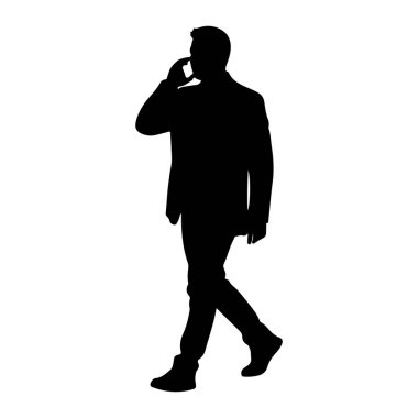 Kulağına cep telefonu tutarken yürüyen siyah bir siluet. O bir takım elbise ceketi ve pantolon giyiyor. Arkaplan beyaz.