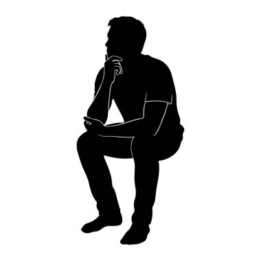 Bir adamın siyah silueti bacakları hafifçe çaprazlanmış bir şekilde otururken resmedilir. O bir tişört ve kot pantolon giyiyor. Sol kolu dizinin üzerinde dinleniyor ve sağ eli çenesine dokunuyor. Düşünceli ya da düşünceli bir duruşu işaret ediyor. Ba...