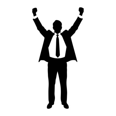 Takım elbiseli ve kravatlı bir adamın siyah silueti kollarını kaldırıp zafer jesti yapıyor. Siluet beyaz bir arkaplanda izole edilmiş..