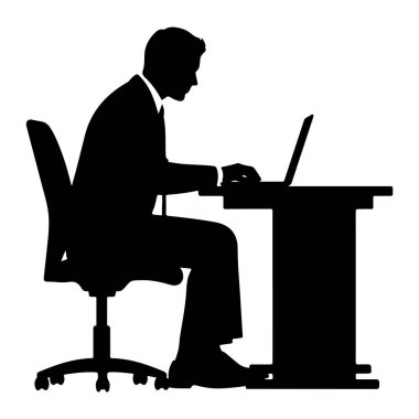 Takım elbiseli bir adamın siyah silueti bir masada oturuyor ve dizüstü bilgisayarda yazıyor. Tekerlekli bir ofis sandalyesinde oturuyor. Arkaplan beyaz.