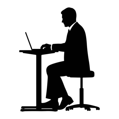 Takım elbiseli bir adamın siyah silueti bir masada oturuyor ve dizüstü bilgisayarda yazıyor. Tekerlekli bir ofis sandalyesinde oturuyor. Arkaplan beyaz.