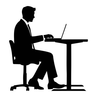 Takım elbiseli ve kravatlı bir adamın siyah bir silueti bir masada oturuyor ve dizüstü bilgisayarda yazıyor. Tekerlekli bir ofis sandalyesinde oturuyor. Resim, beyaz bir arkaplan karşısında basit, temiz bir vektör illüstrasyonudur..