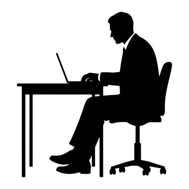Takım elbiseli bir adamın siyah silueti bir masada oturuyor ve dizüstü bilgisayarda yazıyor. Tekerlekli bir ofis sandalyesinde oturuyor. Arkaplan beyaz.