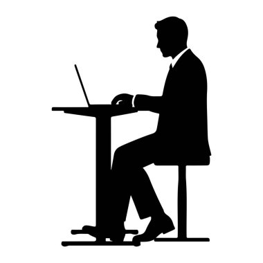 Takım elbiseli bir adamın siyah silueti bir masada oturuyor ve dizüstü bilgisayarda yazıyor. Bir sandalyede oturuyor ve bacakları çapraz. Arkaplan beyaz.