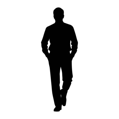 Elleri cebinde yürüyen bir adamın siyah silueti. O, yakalı bir gömlek ve pantolon giyiyor. Arka plan bembeyaz..