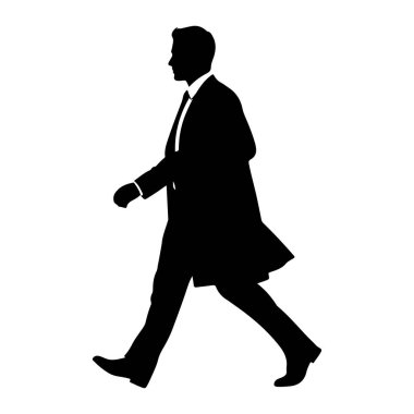 Profil görünümünde siyah bir siluet yürüyen bir adam tasvir ediliyor. O, yakalı bir gömlek ve kravat ve bir palto ile bir takım elbise giyiyor. Bacakları hareket ediyor, bir ayağı önde, diğeri arkada. Görüntü beyaz bir arka planda izole edilmiştir.