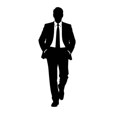 Takım elbiseli ve kravatlı bir adamın siyah silueti beyaz bir arkaplanda ileri doğru yürürken resmedilir. Elleri cebinde ve bir amacı varmış gibi hareket ediyor. Siluet açıkça ceketini, gömleğini, kravatını, pantolonunu ve ayakkabısını özetliyor.