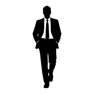 Takım elbiseli ve kravatlı bir adamın siyah silueti elleri cebinde ileri doğru yürüyor. Şekil beyaz bir arkaplanda izole edilmiştir..