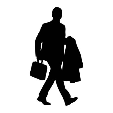 Soldan sağa doğru yürüyen siyah bir siluet. O bir takım elbise giyiyor ve sol elinde bir evrak çantası ve sağ koluna sarılı bir ceket taşıyor. Arka plan bembeyaz..