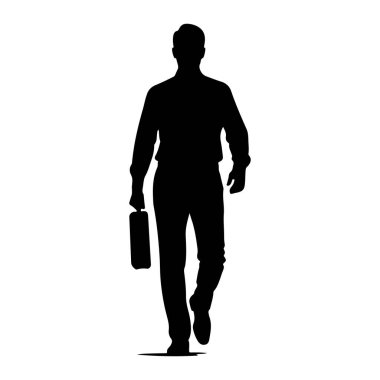 Öne doğru yürüyen bir adamın siyah silueti, sol elinde bir evrak çantası tutuyor. O, yakalı gömlek ve pantolon da dahil olmak üzere resmi kıyafet giyiyor. Arkaplan bembeyaz, siyah figür ile tam bir kontrast oluşturuyor. Gölgenin yansıması