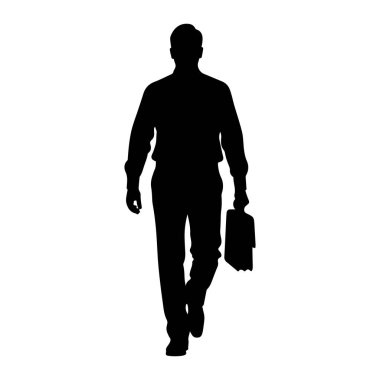 Bir adamın siyah silueti, beyaz bir arkaplanda ileri doğru yürürken resmedilir. O, yakalı bir gömlek ve pantolon da dahil olmak üzere resmi giysiler giyiyor ve sağ elinde bir evrak çantası taşıyor. Duruşu hareket ve amaç olduğunu gösteriyor..