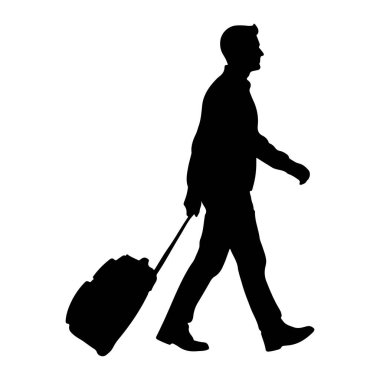 Soldan sağa yürüyen, tekerlekli bavulu çeken bir adamın siyah silueti. O, pantolon ve bir ceket giyiyor. Arkaplan düz beyaz.