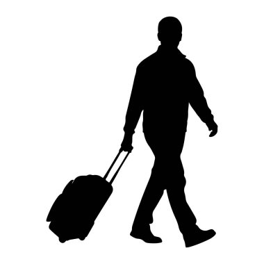 Siyah siluet bir adam soldan sağa doğru yürüyor, arkasında tekerlekli bir bavul taşıyor. Günlük giysiler giyiyor ve bir seyahatte gibi görünüyor. Arkaplan düz beyaz.