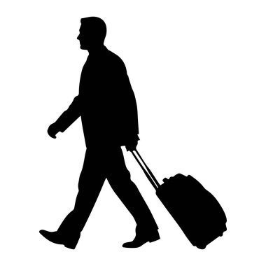 Resmi kıyafetli siyah bir adam silueti soldan sağa doğru yürüyor, arkasında yuvarlanan bir bavul taşıyor. Adamın profili görünüyor ve hareket halinde gibi görünüyor. Resim beyaz bir arkaplanda izole edilmiştir.
