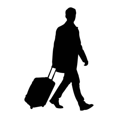 Tekerlekli bavul çekerken yürüyen siyah bir siluet. O bir ceket ve ayakkabı giyiyor. Arkaplan beyaz.