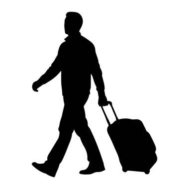 Tekerlekli bavul çekerken yürüyen siyah bir siluet. Profilde resmedilmiş, sol kolu bagajın sapını tutmak için uzatılmış. Sağ kolu dirseğinden bükülmüş ve arkasına yerleştirilmiş. Şekil agai olarak gösterilir.