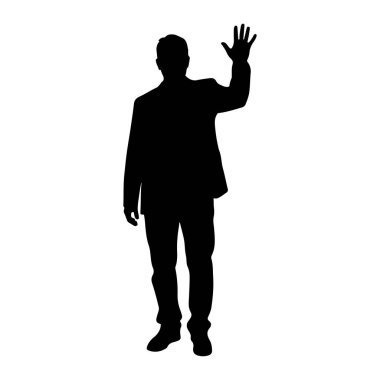 Sağ eli havada duran ve el sallayan bir adamın siyah silueti. Takım elbise giyiyor ve birini selamlıyor gibi görünüyor. Arkaplan beyaz.