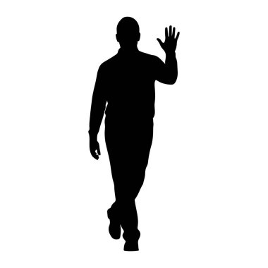 Siyah bir siluet beyaz bir arkaplanda duruyor. Öne doğru bakıyor ve sağ elini kaldırıyor. El sallıyor ya da selam veriyor gibi. Sol bacağı sağ bacağının biraz önünde yürüyor gibi görünüyor.. 