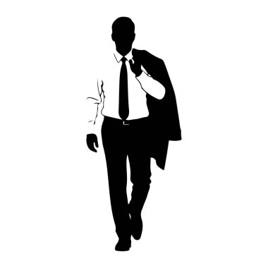 Siyah bir siluet, sol omzunda bir ceketle yürüyen bir adam. O bir gömlek, kravat ve pantolon giyiyor. Arkaplan beyaz.