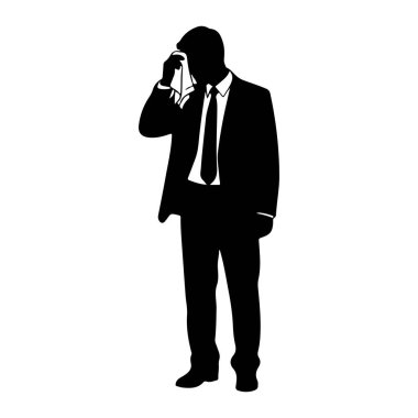 Takım elbiseli ve kravatlı bir adamın siyah silueti beyaz arka planda duruyor. Alnına beyaz bir bez tutuyor, teri siliyor gibi görünüyor. Görüntü, resmi giyinmiş bir insanın ısı deneyimini gösteren basit ve grafik bir tasviri.