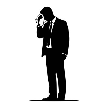 Beyaz arka planda takım elbise ve kravat takan bir adamın siyah silueti tasvir edilir. O alnına beyaz bir bez tutuyor, ter ve rahatsızlığı siliyor gibi görünüyor. Görüntü basit, arkaplan ayrıntıları olmayan grafik bir resimdir