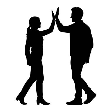 Siyah bir siluet. Bir adam ve bir kadın yüz yüze ve birbirlerine beşlik çakıyorlar. Kadının at kuyruklu saçı var ve topuklu giyiyor. Adam gündelik giysiler giyiyor. Bir başarıyı ya da başarıyı kutluyor gibi görünüyorlar. Ka...