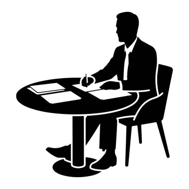 Takım elbiseli ve kravatlı bir adamın siyah silueti yuvarlak bir masada elinde kalemle kâğıtlara yazı yazıyor. O, önünde bir masa ile bir sandalyeye oturdu. Görüntü basit, grafik bir gösterim.