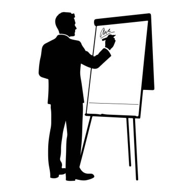 Takım elbiseli bir adamın siyah silueti ters yüz çizelgesine bakıyor. Sağ elinde bir işaret tutuyor ve yazı veya çizim yapıyor gibi görünüyor. Çizelgenin beyaz yüzeyine. Çevirme çizelgesi tripod standında..