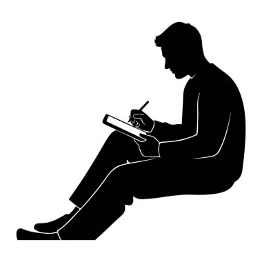 Siyah bir siluet bir adam oturuyor ve bir stil ile bir tablet üzerine yazı. Adam sola bakıyor ve resmi olarak giyinmiş durumda. Arkaplan beyaz.