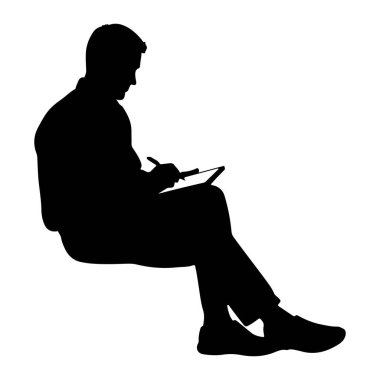 Siyah bir siluet, bir adamın stilisyonla bir tablete oturup yazması. Adam gündelik giysiler ve ayakkabılar giyiyor. Arkaplan beyaz.