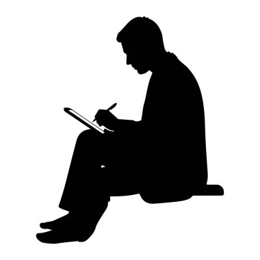 Siyah bir siluet. Kalemle tablete yazı yazan bir adam. Adam günlük giysiler giyiyor ve işine odaklanmış görünüyor. Arkaplan düz beyaz, şekli ve aygıtı izole ediyor.