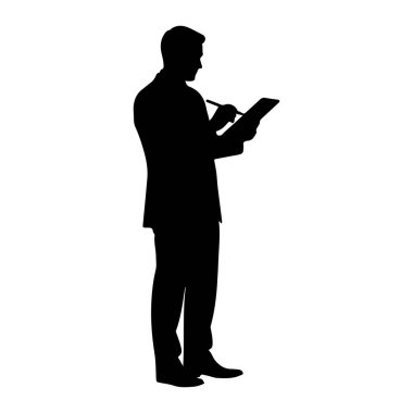 Elinde kalem ve tablet olan takım elbiseli bir adamın siyah silueti sola dönük duruyor. Tablete bir şeyler yazıyor veya çiziyor gibi görünüyor. Arka plan bembeyaz..