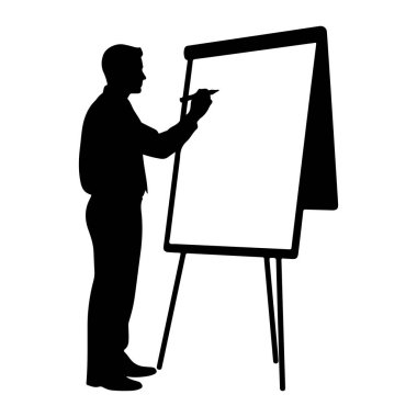 Siyah bir adam silueti bir sehpanın üzerinde beyaz tahtanın solunda duruyor. Sağ elinde bir işaret tutuyor ve tahtanın boş beyaz yüzeyine bir şeyler yazıyor veya çiziyor gibi görünüyor. Adam iş kıyafetleri giymiş gibi görünüyor.