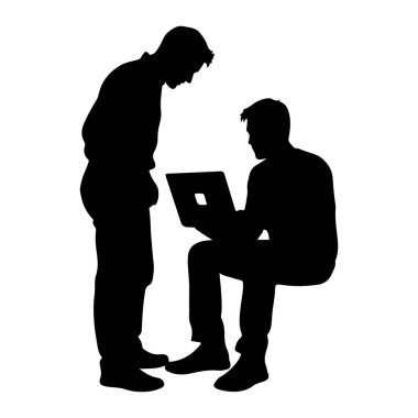 Beyaz arka planda iki adamın silueti var. Bir adam oturur ve dizüstü bilgisayara bakar, diğeri de ayağa kalkar ve dizüstü bilgisayara bakar. İşbirliği yapıyor ya da cihazla ilgili bir şeyi tartışıyorlar..
