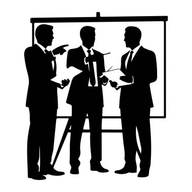 Takım elbiseli ve kravatlı üç siluetli adam bir sunum kurulunun önünde duruyor. Sol taraftaki bir adam elinde bir belge tutuyor. Merkezdeki adam belgeleri tutuyor ve konuşuyor gibi görünüyor. Sağdaki adamda da belgeler var. Şey...