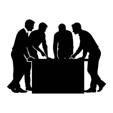 Siyah bir siluet, dikdörtgen bir masanın etrafında toplanmış dört adamı resmediyor. Hepsi eğiliyor, bir tartışma ya da işbirlikçi aktivite içinde gibi görünüyorlar. Resim, çalışan bir grubun basit, grafik bir temsilidir