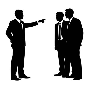 Beyaz bir arka plana karşı takım elbiseli üç adamın siyah silueti. Soldaki bir adam işaret parmağını birlikte duran ve dinliyormuş gibi görünen diğer iki adamı işaret ediyor. İşaret eden adamın diğer eli kalçasında. Şey...