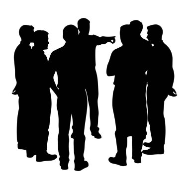 Beyaz bir arka planda bir grup adam silueti var. Ortasında parmağıyla işaret eden bir adamla bir çember oluşturuyorlar. Diğerleri dinliyor ya da gözlemliyor gibi görünüyor. Sahne bir tartışma, toplantı ya da işbirliği öneriyor. 