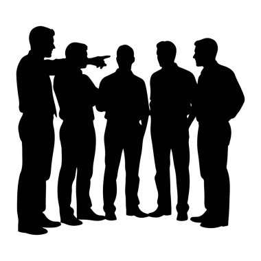 Beş kişilik bir grup, beyaz bir arkaplanda siyah siluet olarak tasvir ediliyor. Soldaki bir adamın kolu başka bir adamın omzuna dolanmış ve işaret parmağıyla işaret ediyor. Diğer adamlar elleri ceplerinde duruyorlar.