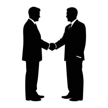 Takım elbiseli ve kravatlı iki adam el sıkışıyor. Birbirlerine dönerek ve sağ yanlarını sımsıkı tutarak. Görüntü, beyaz arkaplana karşı katıksız siyah beyaz bir illüstrasyon. Rakamlar belden yukarısına doğru çizilmiş.