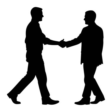 Beyaz arka planda el sıkışan iki adamın siyah silueti. Soldaki adam gömlek ve pantolon giyerken, sağdaki adam takım elbise giyiyor. İki adam da birbirine bakıyor ve elleri tokalaşıyor..