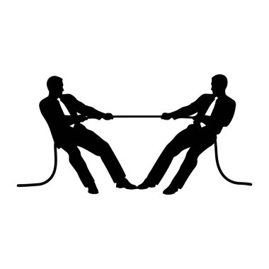 Takım elbiseli ve kravatlı iki siluetli figür bir çekişme içinde. Bir halatı çekiyorlar, vücutları geriye doğru eğiliyor ve ayakları sıkıca bağlanıyor. Aralarındaki ip gergin, bu da her iki taraftan da güçlü bir çekim olduğunu gösteriyor. Ka...