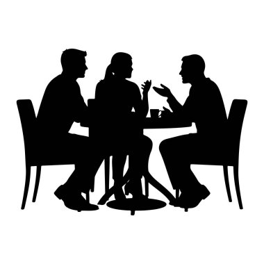 Siyah bir siluet, yuvarlak bir masanın etrafında oturan üç kişi, iki erkek ve bir kadını tasvir ediyor. Elleriyle hareket eden bir kişiyle sohbete daldılar. Masada bir kahve fincanı görülebilir. Sahne kapalı bir yerde, sandalyelerle hazırlandı.