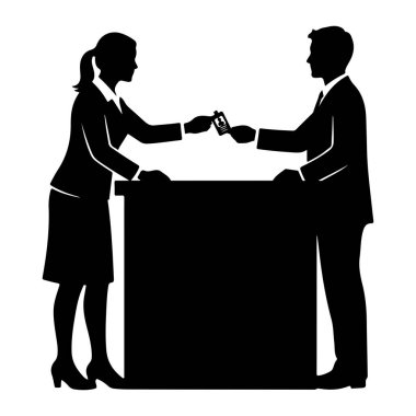 Takım elbiseli ve etekli, at kuyruklu siyah bir kadın silueti solda, tezgaha bakıyor. Üzerinde resim ve çizgiler olan bir kimlik kartı tutuyor. Sağda, takım elbiseli ve kravatlı bir adam ayakta ve... 