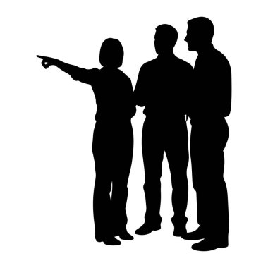 Beyaz arka planda duran üç kişilik siyah bir siluet. Soldaki kadın sol kolu açık bir şekilde işaret ediyor. İki adam onun sağında duruyor. Yüzleri öne bakıyor ve dinliyormuş gibi yapıyorlar..